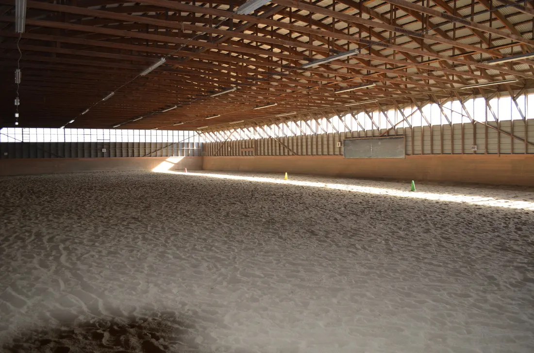 Sunlit indoor riding arena with deep, groomed sand footing under a timber-truss roof