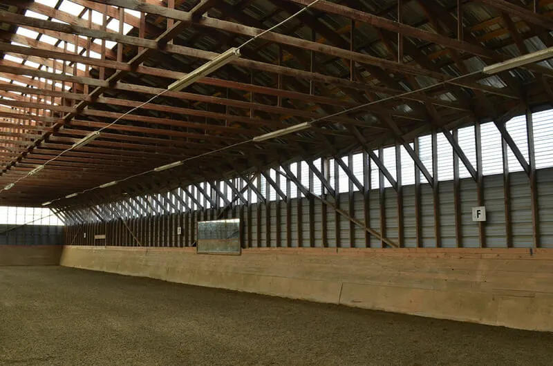 Indoor arena with dressage letters, a mirror and skylight panels